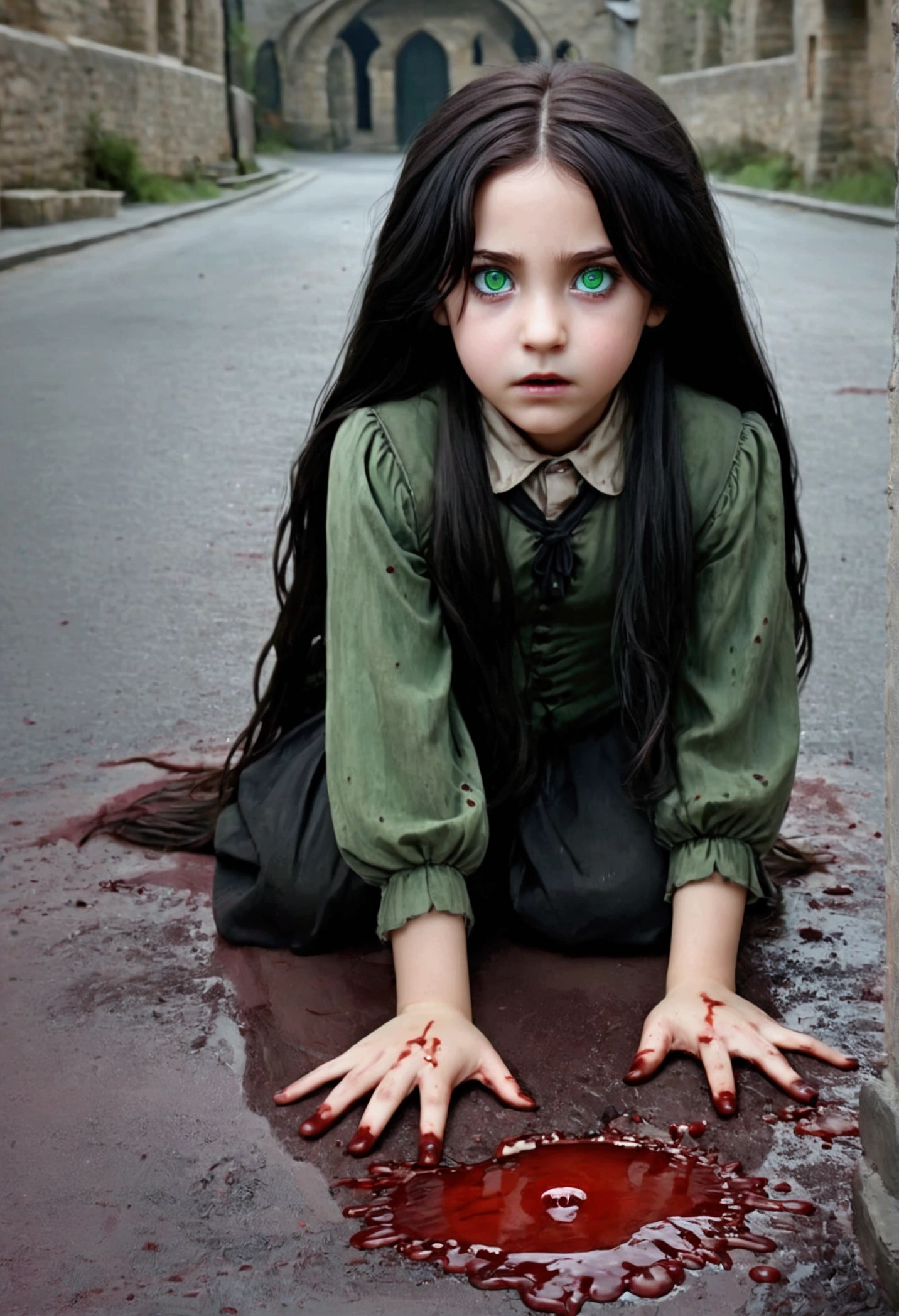11 year old daughter of severus snape, bloodmagic, fantasy, magical energy, blood, blood stain, blood on clothes, (blood on ground:1.3), (8k, masterpiece, best quality, high resolution), black hair, long hair,cute face, kawaii, cute, green eyes, Aesthetic european Eyes, small face, (cowboy shot), 1girl, solo,