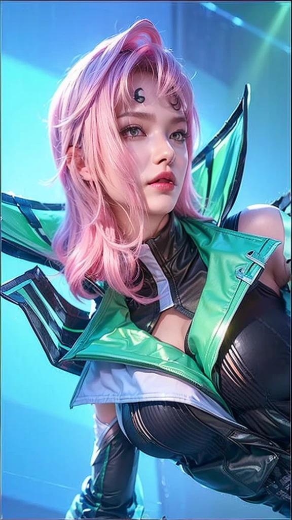 (masterpiece, 8k, RAW photo, photorealistic:1.25) ,( lipgloss, eyelashes, gloss-face, glossy skin, best quality, ultra highres, depth of field, chromatic aberration, caustics, Broad lighting, natural shading, smooth face, smooth skin, without wrinkles) shiny pink hair, bluish white eyes, cool clothes like a model, breast window on the shirt, dark lips, 20 years old, Valentina from mobile legend bang bang
