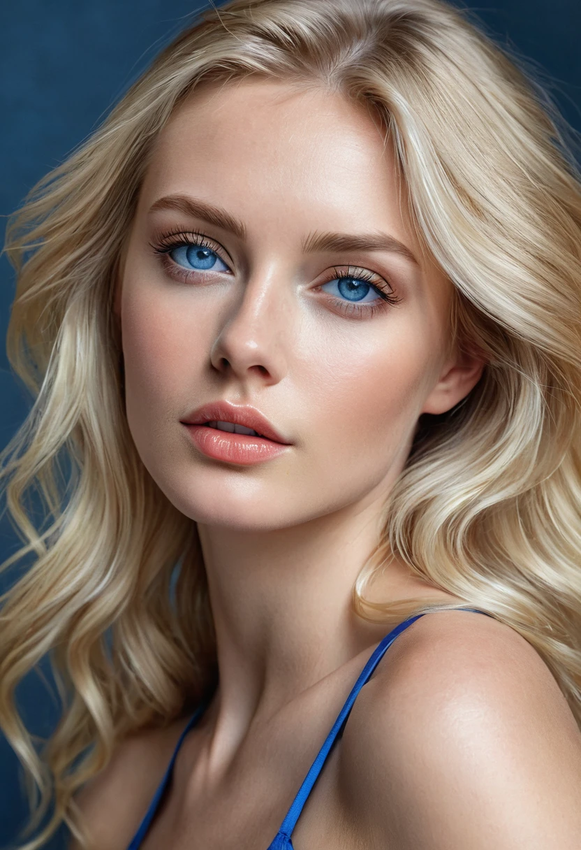 Top model  in pose ,blonde woman,blonde hair, blue eyes, realist, photorealism 