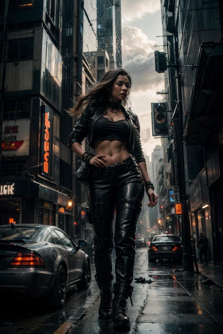 (Highest quality, Ultra HD, 16k, Masterpiece) A powerful girl walks confidently in front of her rugged, futuristic car amidst a chaotic and war-torn metropolis. The shot is a medium to long view, capturing her determined presence and the complete surroundings around her. She gazes ahead with a fierce, unyielding expression, embodying strength and resolve. She wears a fitted tshirt top under a stylish jacket and jeans pants, her attire blending practicality with a touch of modern flair. The jacket is detailed with patches, straps, and utility pockets, enhancing her battle-ready appearance. Her hair is tousled and windswept, adding to her dynamic presence. The car behind her is a heavily modified, armored vehicle, its exterior scarred from countless battles. It stands as a testament to her resilience and resourcefulness, with various gadgets and weapons mounted on its frame. The car's sleek, yet rugged design complements the overall gritty atmosphere. In the background, the entire skyline of the metropolis is visible, partially obscured by smoke and ash. Skyscrapers tower amidst the chaos, many of them heavily damaged with gaping holes and crumbling facades. Explosions light up the scene, casting an eerie glow over the widespread destruction. Spaceships hover menacingly in the sky, engaged in fierce aerial battles, their sleek designs contrasting with the devastation below. The ground is littered with debris and remnants of destroyed structures, adding to the sense of a world torn apart by conflict. Scraps of metal, shattered glass, and remnants of vehicles are scattered across the landscape, emphasizing the scale of destruction. The lighting is dramatic, with sharp contrasts that highlight the textures of her attire and the metallic surface of her car. The interplay of light and shadow emphasizes the intense expression on her face and the chaos in the background. Hollywood action movie. Action film