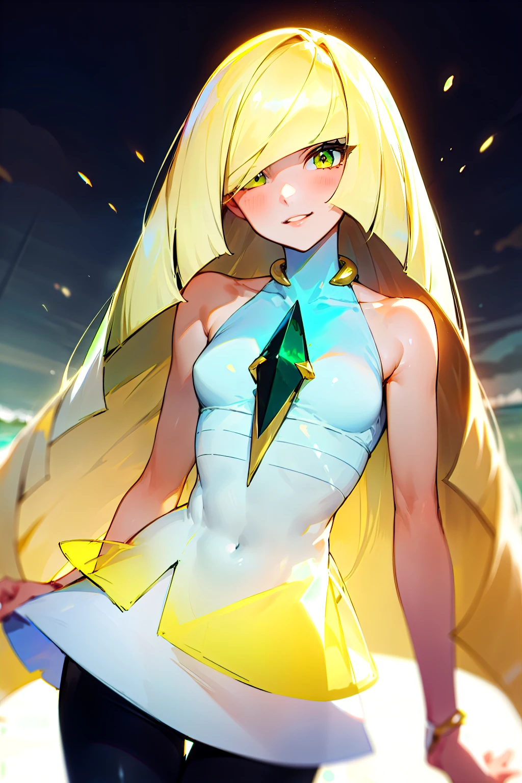 masterpiece,best quality,1girl,mature female,lusamine,blonde hair,yellow eyes,very long hair,(hair over one eye:1.3), a charming face,  smile, parted lips,dress,sleeveless,sleeveless dress,bare shoulders,white dress,gem,bare arms,short dress,diamond (shape),green gemstone,leggings,glowing eyes,in the  beach, day,  standing, Sexy waist teasing 