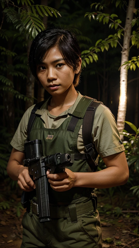 A Thai ranger with short hair, holding a gun, in the forest at night.