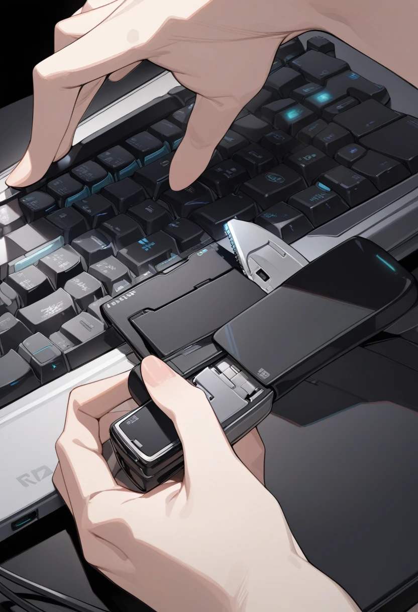 ((background only)),masterpiece, best quality, extremely detailed, ultra detailed, flat anime, 2D, close-up of a female hand, inserting a USB flash memory into a sliver laptop's USB port, laptop keyboard is visible, the USB flash memory has a black casing,