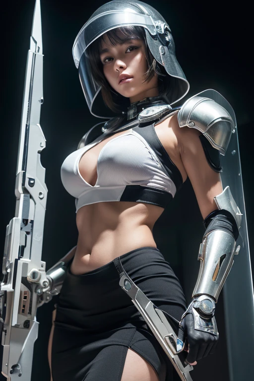 ((Highest quality)), ((masterpiece)), (detailed), One girl,Shortcuts, ((masterpiece, Highest quality, High resolution, 8k wallpaper)),young, Wild,Big eyes,Healthy Body,Well-formed face,tears,(Great beauty, Perfect Proportions, Beautiful body, Sweaty,(Slim body beauty: 1.4),whole body,Near future,jungle,(Translucent armor),((Translucent shield)),(Sheer skirt),A semi-transparent mechanical helmet and a small handgun, Amazing details, Surreal, movie, Dramatic lighting,