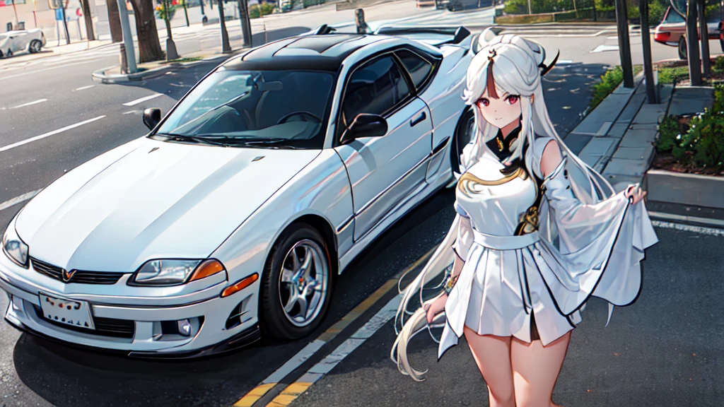 1girl, solo, full body, wide shot, ningguang_genshin, ningguang from genshin impact stands next to her white car, white outfit, 3000GTVR4, white color car, image inspired by genshin impact, highly detailed and intricate details, ningguang_genshin, looking at viewer, standing next to car, masterpiece, best quality, beautiful lighting, absurdres, high res, ultrasharp, 8K, masterpiece, looking at viewer