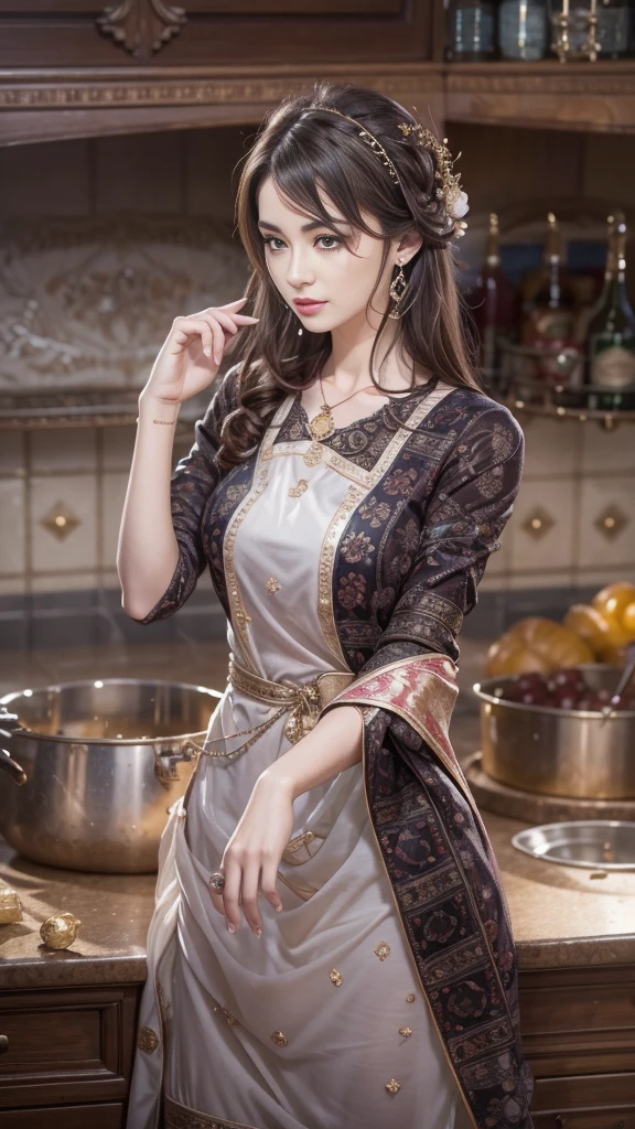 (32K:1.5, Highest quality, masterpiece, Ultra-high resolution), Professional camera work:1.6, Very detailedな肌と顔の質感:1.3, Captivating portrait:1.3, Very accurate, Very detailed, ((Tall woman, Cook:1.4, kitchen, Wearing an apron:0.7)), Incredibly slim body, Fair skin, elegant, Heartful, sense of openness, sense of cleanliness, Sensual posture, (Big eyes that exude beautiful eroticism:0.4, Happy expression:1.0, I love you with all my heart:0.8, Open your mouth a little, lipstick, Feel the beautiful eroticism:0.9), Dark brown medium hair, Mid-chest, Earrings, necklace, bracelet, (romantic, mysterious), Object of admiration, Fancy, original, dramatic, artistic, Innovative, special, exciting, Extreme, Tilt, sense of loss, sorrow, sorrowの表現, ((Adult charm, Feminine charm))