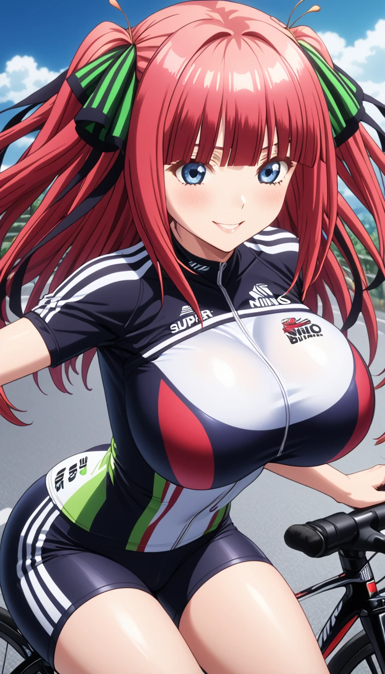 (Masterpiece、Highest quality、Very detailed、4K)、One Woman、************、((((Cycling Shorts))))、((Super big breasts))、((cool))、((the way))、((Road bike))、smile、Light red hair、Twin tails、(((Nakano Nino)))、chest、arm、