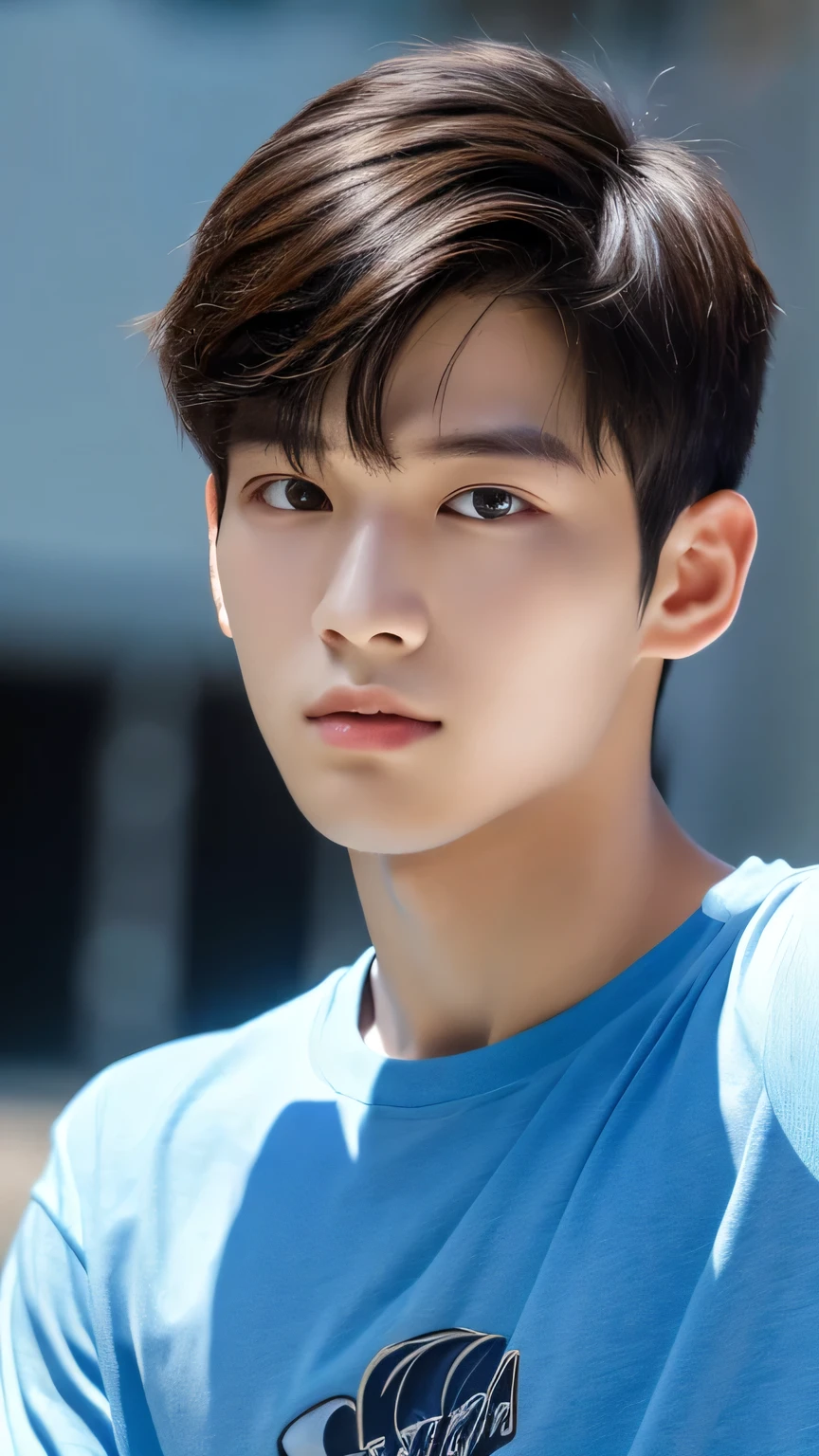 Highest quality, masterpiece, Ultra-high resolution, (Realistic: 1.4), Original photo, wallpaper, Head Photo, skin, Simple Background, Iris, detailed, Selfie, 1 boy, 18-year-old, good looking, Wind,Blue T-shirt