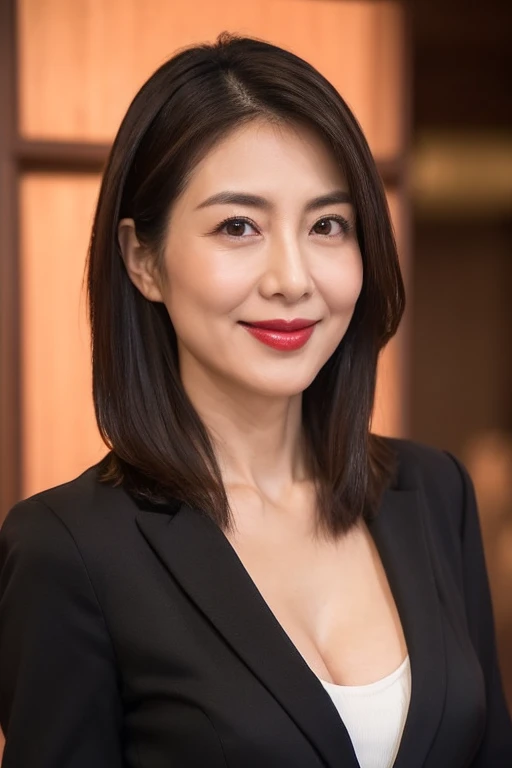 One Japanese woman, Detailed face, Red lipstick, Captivating look, From the chest up, highest quality, Very detailed, Perfect Anatomy, Wearing a black suit, Straight Hair, Age 37, mature, sexy, A slight smile, Well-shaped D cup breasts, Cleavage, office, (Looking at the camera), (From above)