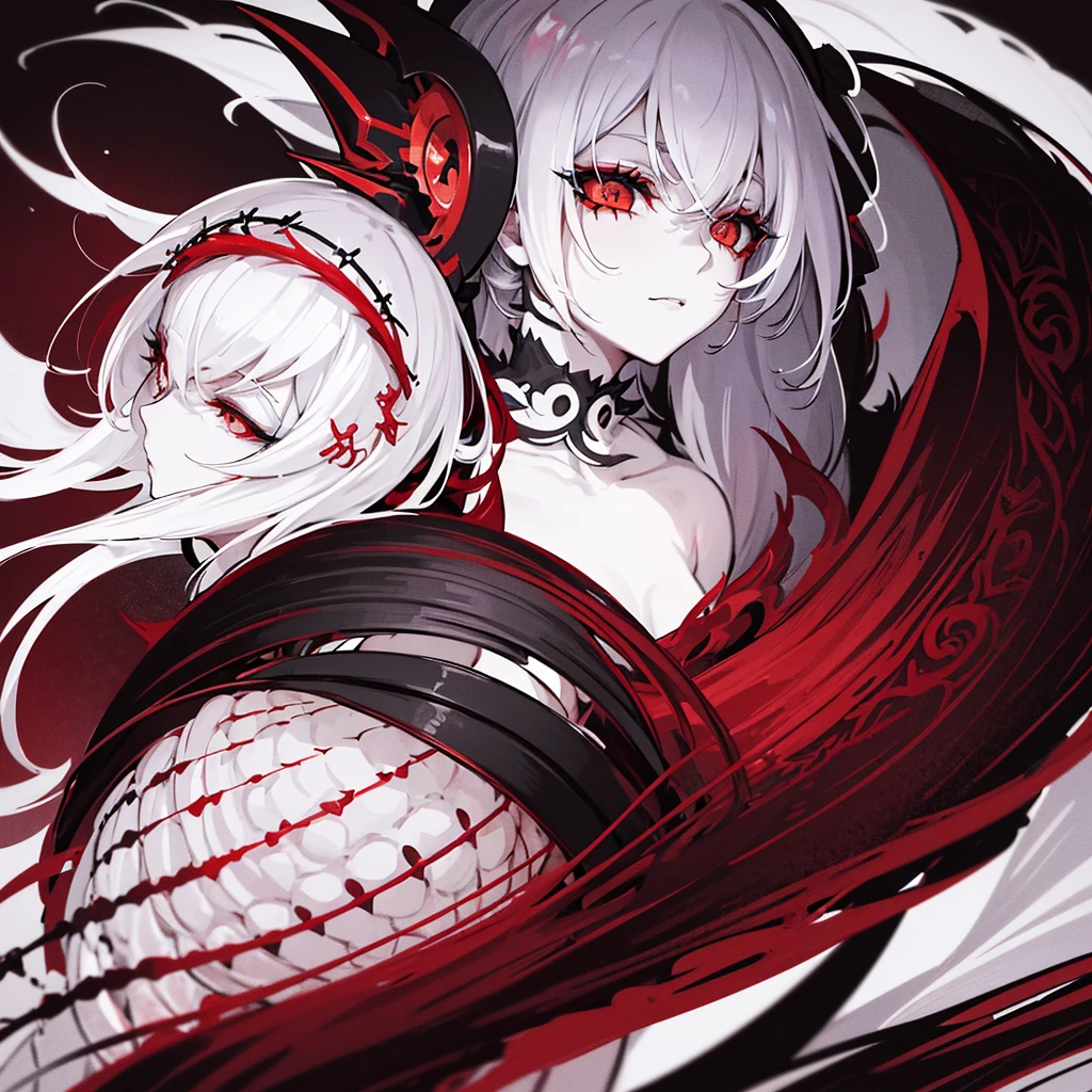 white-haired anime monjey, red eyes, intricate black headdress, pale skin, close-up portrait, side profile, ethereal expression, head, scales, fierce yellow eye, Gothic fantasy theme. Monochromatic color palette with red accents, Digital art, highly detailed, intricate linework, Anime style with realistic elements, Dramatic contrast between light and shadow,