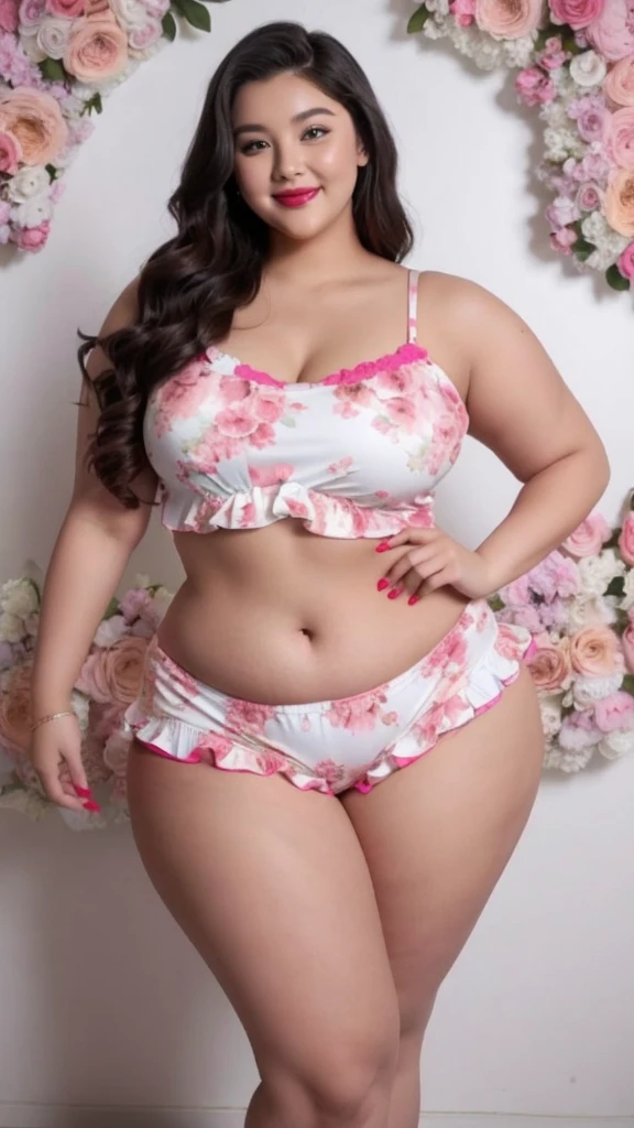 Curvy Fashionista in Red Floral Pajamas Full Body Shot cute smile 