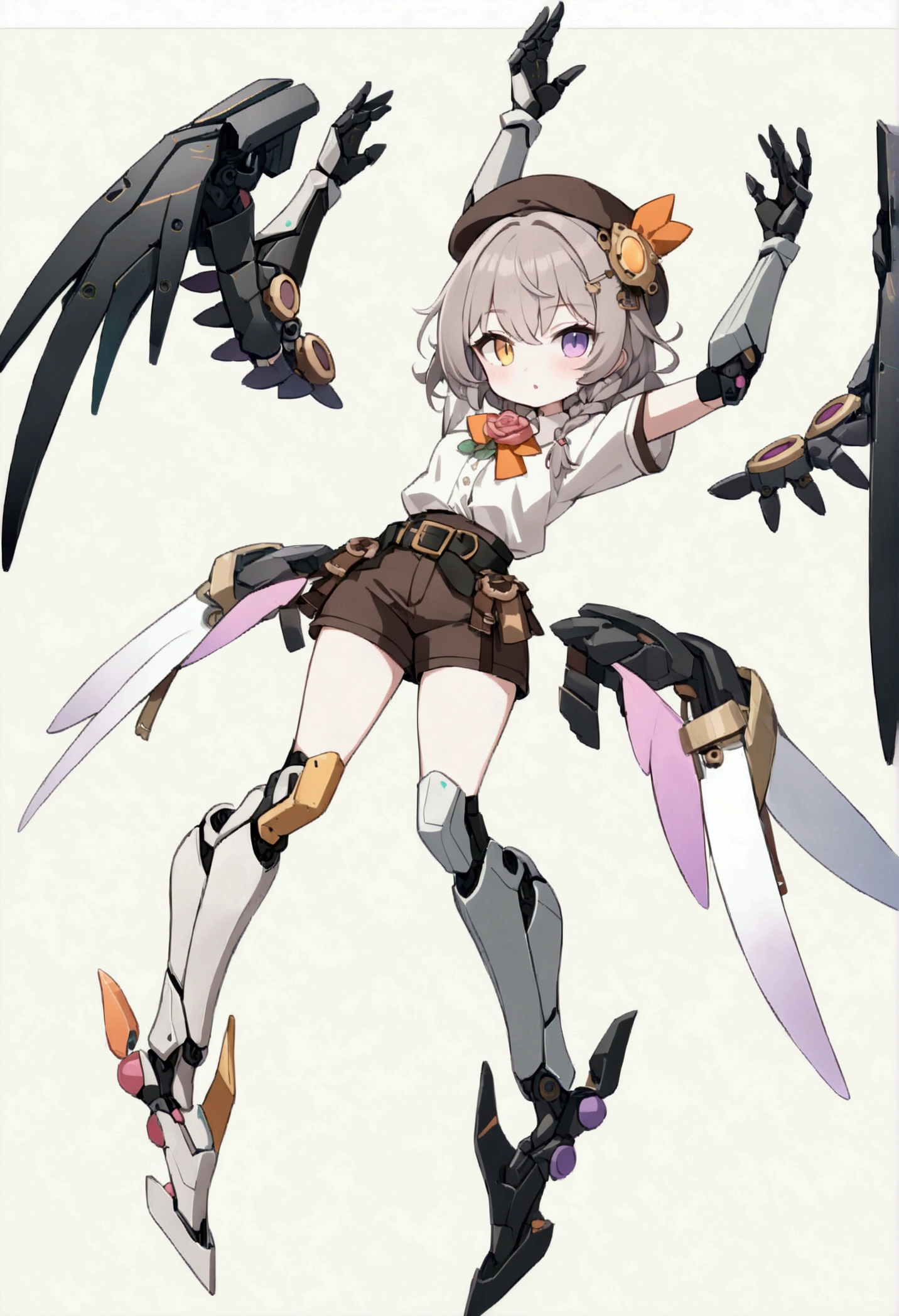 woman 165cm tall, slim build, , charming look, ((heterocromia: look like, derecho naranja y look like izquierdo violeta)), (Shoulder Length Wavy Gray Hair, a short braid on the left side of the hair, big open bangs, golden gear hairpin in hair), (((complex mechanical legs up to the hip, The legs are black with gray parts with small pink details))), (((complex mechanical arms up to the elbows, The arms are black with gray parts with small pink details))), (complex white mechanical angel wings with pastel green parts), (elegant black French beret with an orange rose ribbon), (stylish white short sleeve button down shirt, dark brown shorts from the waist, elegant black belt, small rose brooch on the neck, beautiful mechanical stiletto heels), (((character design sheet: Front view))), (((Whole body))), extremely detailed beautiful hair, beautiful detailed clothing, extremely detailed arms, extremely detailed face, (Extremely detailed hands), perfect hands, small face, hermosos look likes detallados, beautiful detailed lips, adorable, extremely detailed legs, (Best Quality, 8k, ultra resolution), ultra detailed, Exquisite and epic character art, ((Pastel yellow background)), (Focus on symmetry), (extremely detailed wings).