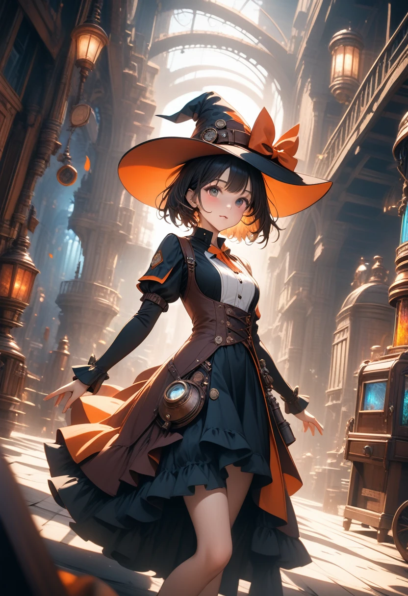 1girl, short hair girl, witch hat, gorgeous light and shadow, dress, Magical, Steampunk, ultra detailed background, illustration, vibrant colors, intricate details, 8k wallpaper, (Depth of field, cinematic angle, cinematic lighting:1.2), (masterpiece:1.2), (best quality:1.2), (very aesthetic:1.2), (absurdres:1.2), newest, intricate, ai-generated, Dynamic poses, sexy poses, dutch angle,