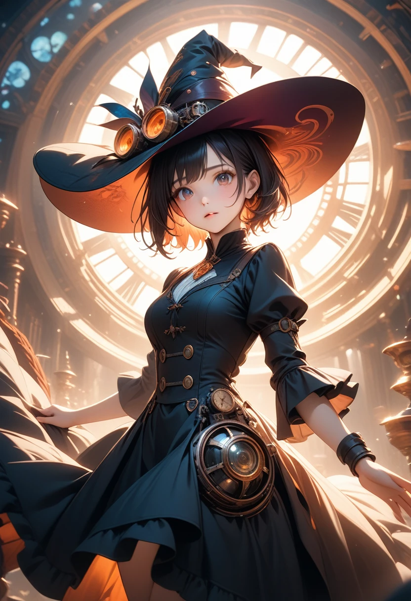 1girl, short hair girl, witch hat, gorgeous light and shadow, dress, Magical, Steampunk, ultra detailed background, illustration, vibrant colors, intricate details, 8k wallpaper, (Depth of field, cinematic angle, cinematic lighting:1.2), (masterpiece:1.2), (best quality:1.2), (very aesthetic:1.2), (absurdres:1.2), newest, intricate, ai-generated, Dynamic poses, sexy poses, dutch angle,