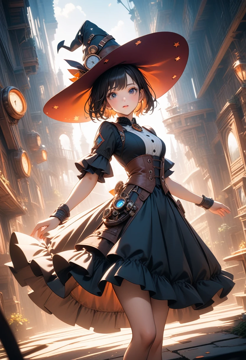 1girl, short hair girl, witch hat, gorgeous light and shadow, dress, Magical, Steampunk, ultra detailed background, illustration, vibrant colors, intricate details, 8k wallpaper, (Depth of field, cinematic angle, cinematic lighting:1.2), (masterpiece:1.2), (best quality:1.2), (very aesthetic:1.2), (absurdres:1.2), newest, intricate, ai-generated, Dynamic poses, sexy poses, dutch angle,