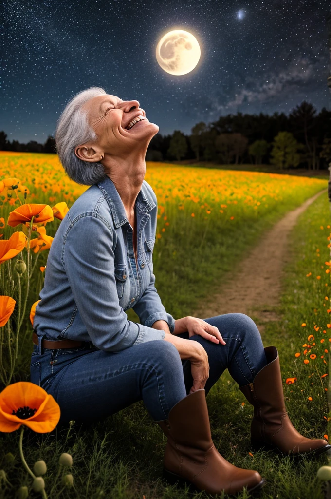 a 60 year old smiling woman with gray hair, wearing jeans, boots, a loose blouse, sitting on the ground, looking up at the starry sky on a full moon night, on a poppy field path, in a lit environment