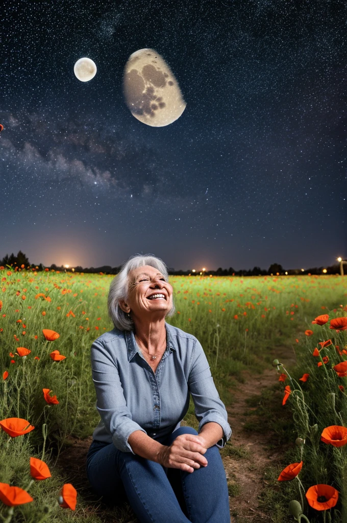 a 60 year old smiling woman with gray hair, wearing jeans, boots, a loose blouse, sitting on the ground, looking up at the starry sky on a full moon night, on a poppy field path, in a lit environment