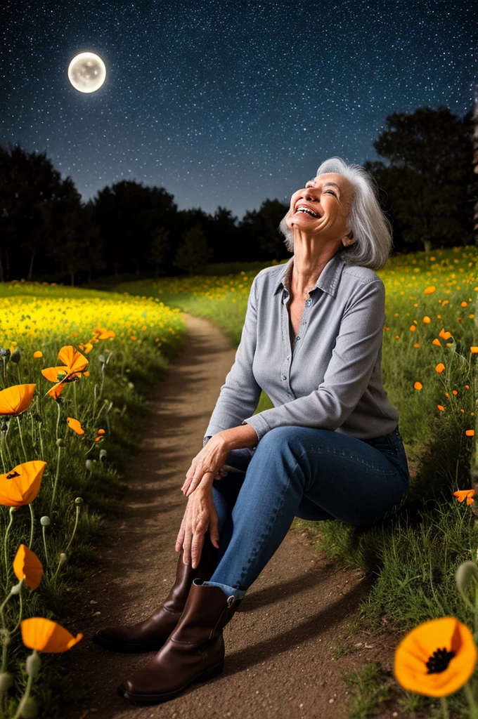 a 60 year old smiling woman with gray hair, wearing jeans, boots, a loose blouse, sitting on the ground, looking up at the starry sky on a full moon night, on a poppy field path, in a lit environment