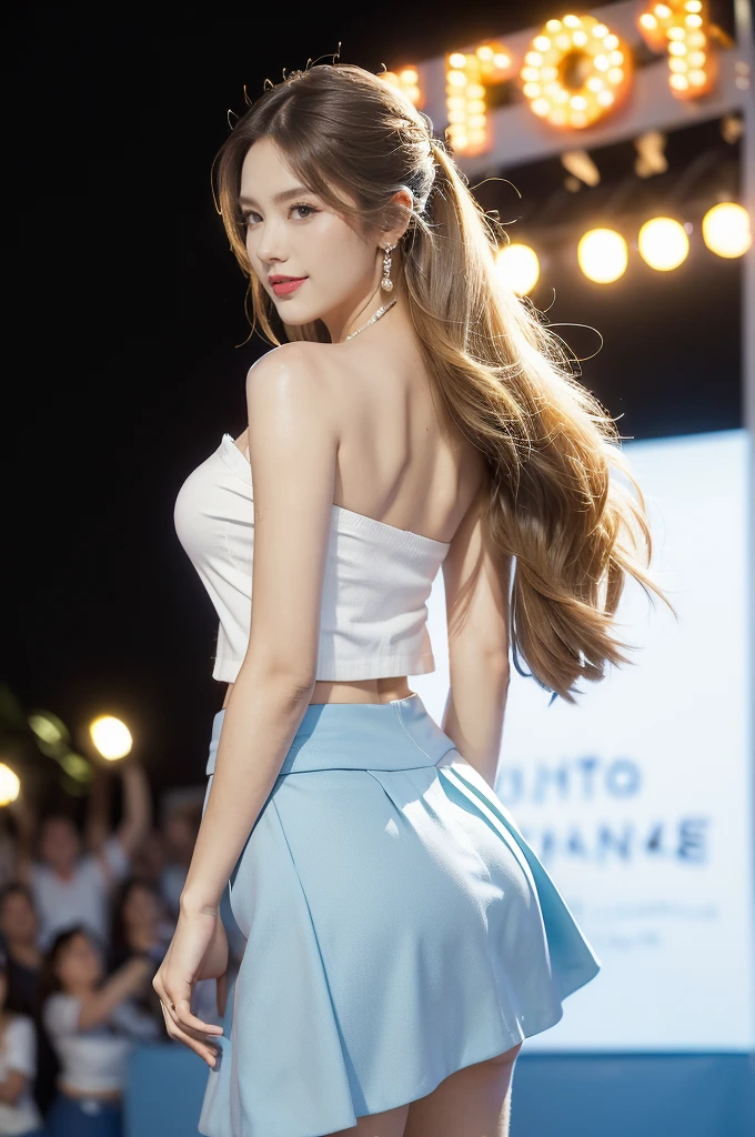 (((best quality))),(((ultra detailed))),(((masterpiece))),illustration,((a beautiful girl,solo)),(shoulder length straight hair:1.2),((slim,thin)),((strapless,shoulder off,bare back,towering hips,butt crack)),(white shirt:1.5),(blue mini-skirt:1.3),(slender legs:1.2),(sneakers:1.3),(standing:1.3),(on the stage:1.3),((outside a shopping mall, at the entrance of a beer promotional event)),((surrounded by crowded crowds)),((hair and skirt fluttering in the air)),expressive eyes,infectious smile,the stage adorned with colorful decorations,vibrant atmosphere,(night scene:1.3),(from back:1.3),(upper body:1.3),