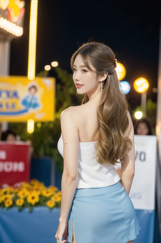 (((best quality))),(((ultra detailed))),(((masterpiece))),illustration,((a beautiful girl,solo)),(shoulder length straight hair:1.2),((slim,thin)),((strapless,shoulder off,bare back,towering hips,butt crack)),(white shirt:1.5),(blue mini-skirt:1.3),(slender legs:1.2),(sneakers:1.3),(standing:1.3),(on the stage:1.3),((outside a shopping mall, at the entrance of a beer promotional event)),((surrounded by crowded crowds)),((hair and skirt fluttering in the air)),expressive eyes,infectious smile,the stage adorned with colorful decorations,vibrant atmosphere,(night scene:1.3),(from back:1.3),(upper body:1.3),