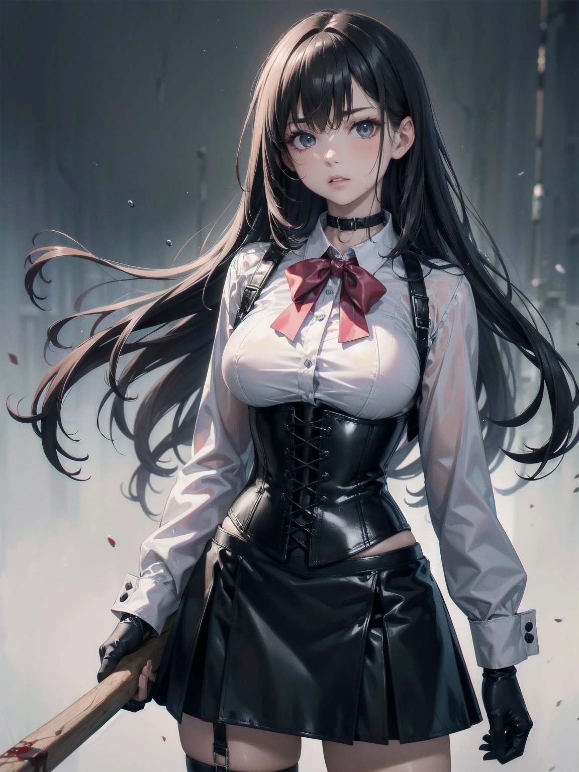 ((blood droplets)), ((blood)), ((blood splatter)), ((blood on clothes)) ((blood stain)), masterpiece, Superior image quality, High resolution, 4k image,photo and gross, photorealistic, whole body, distant view, ung man of 15 years, {{{vagina}}}, big breasts, beautiful face, long black hair, black eyes, very detailed eyes, pink cheeks, serious expression, choker:1.6, (white collar button down long sleeve shirt), black gloves, gloves that cover hands, (holding an ax in the right hand), (black leather corset), (shiny black miniskirt), Sensual Lips, show details in the eyes, View from the front, looking at the viewer, gloomy forest, at night, atmosphere, fog