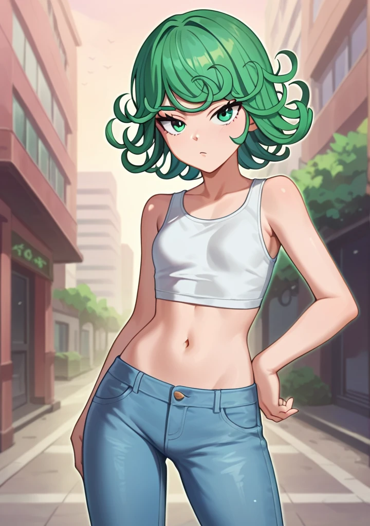 score_8_up, score_7_up, score_6_up, score_5_up, score_4_up, anime screenshot, looking at viewer, upper body,
1girl, tatsumaki, green hair, green eyes,midriff long hair, straight hair, thighs, looking at viewer,
white cropped tank top, jeans,
BREAK
standing, looking at viewer, city,
