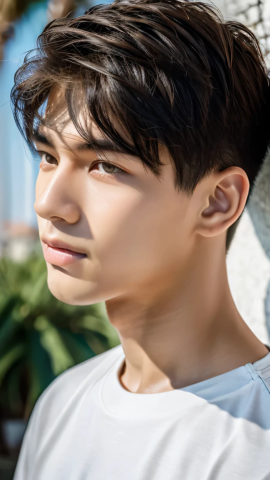 Highest quality, masterpiece, Ultra-high resolution, (Realistic: 1.4), Original photo, wallpaper, Head Photo, skin, Simple Background, Iris, detailed, Selfie, 1 boy, 18-year-old, good looking, Wind,Palm tree
