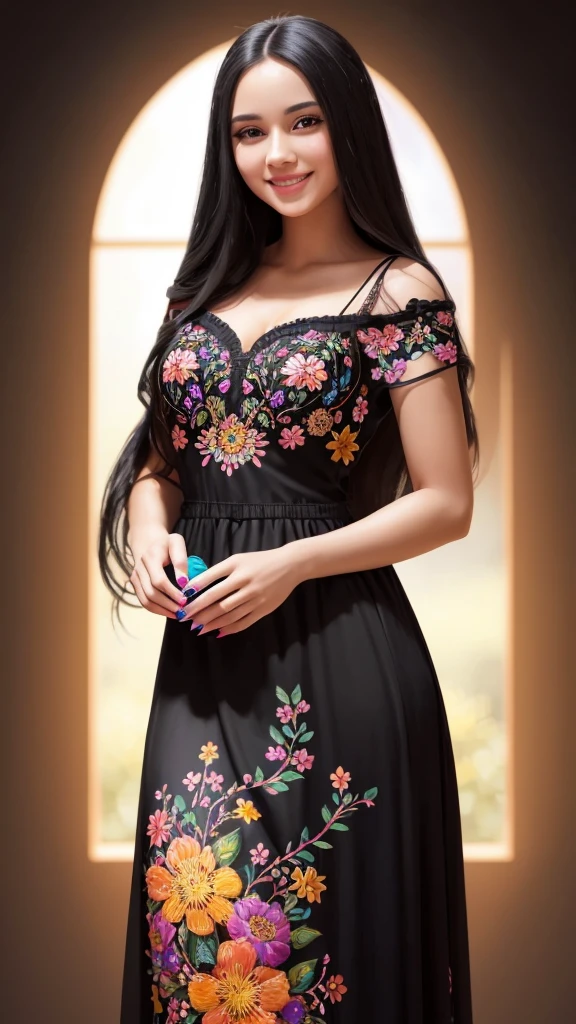 a beautiful young woman, long black hair, smiling with joy, wearing a colorful dress, holding a nail polish bottle, intricate floral patterns, warm lighting, photorealistic, highly detailed, vibrant colors, cinematic composition, natural lighting, glowing skin, oil painting style