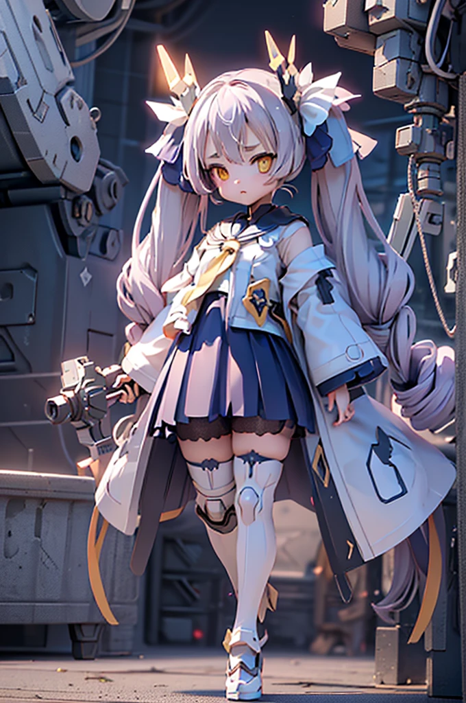 (Highest quality)), ((masterpiece)), (Very detailed: 1.3), 3d, {(One Girl)}, (Navy blue bloomers and、Wear a white gym suit with colored hems underneath the armor:1.2),(((Yellow Eyes)))、(((Light purple hair)))、(((Twin tails long enough to reach the ground)))、(((long hair))) , (She is fused with a Gundam mecha from the future.:1.2), With headgear, With V-fin , Armored Shoulders,Armed, Armor under the feet, Short sleeve, Equipped with two huge weapons on its back, Weapon module mounted on the leg, Multi-layer texture perfect ratio, Octane Rendering, Duotone Lighting, Low ISO, wide aperture, White balance, Three-part method, Ultra HD 16k, High resolution (High Dynamic Range), Ray Tracing, NVIDIA, Super Resolution, Scattered beneath the surface, PBR Texturing, Post-processing, Anisotropic Filtering, Depth of written boundary, Maximum clarity and sharpness, Highly efficient subpixels, Subpixel Convolution, Particles of light, Scattered Light, Tyndall effect, whole body:1.5, Combat pose, cute, (cute:1.2),Thin eyebrows, Light-colored irises, Big, bright black eyes, Long eyelashes, Small, light-colored, natural lips, (The average face of the Japan idol), (日本人特有のBaby Face:1.3), (Baby Face), Wide forehead:1.2, Plump Cheeks, Small jaw, In the Hangar,View your viewers,Focus on the eyes , (Four perfect fingers, One thumb),Ogasawara Hisame