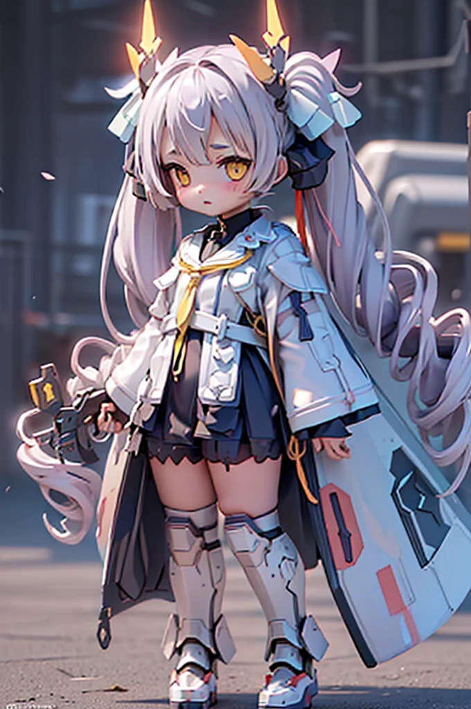 (Highest quality)), ((masterpiece)), (Very detailed: 1.3), 3d, {(One Girl)}, (Navy blue bloomers and、Wear a white gym suit with colored hems underneath the armor:1.2),(((Yellow Eyes)))、(((Light purple hair)))、(((Twin tails long enough to reach the ground)))、(((long hair))) , (She is fused with a Gundam mecha from the future.:1.2), With headgear, With V-fin , Armored Shoulders,Armed, Armor under the feet, Short sleeve, Equipped with two huge weapons on its back, Weapon module mounted on the leg, Multi-layer texture perfect ratio, Octane Rendering, Duotone Lighting, Low ISO, wide aperture, White balance, Three-part method, Ultra HD 16k, High resolution (High Dynamic Range), Ray Tracing, NVIDIA, Super Resolution, Scattered beneath the surface, PBR Texturing, Post-processing, Anisotropic Filtering, Depth of written boundary, Maximum clarity and sharpness, Highly efficient subpixels, Subpixel Convolution, Particles of light, Scattered Light, Tyndall effect, whole body:1.5, Combat pose, cute, (cute:1.2),Thin eyebrows, Light-colored irises, Big, bright black eyes, Long eyelashes, Small, light-colored, natural lips, (The average face of the Japan idol), (日本人特有のBaby Face:1.3), (Baby Face), Wide forehead:1.2, Plump Cheeks, Small jaw, In the Hangar,View your viewers,Focus on the eyes , (Four perfect fingers, One thumb),Ogasawara Hisame