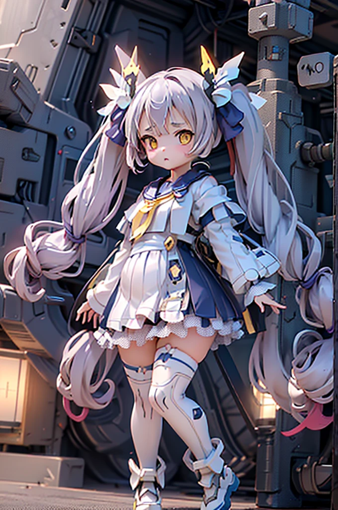 (Highest quality)), ((masterpiece)), (Very detailed: 1.3), 3d, {(One Girl)}, (Navy blue bloomers and、Wear a white gym suit with colored hems underneath the armor:1.2),(((Yellow Eyes)))、(((Light purple hair)))、(((Twin tails long enough to reach the ground)))、(((long hair))) , (She is fused with a Gundam mecha from the future.:1.2), With headgear, With V-fin , Armored Shoulders,Armed, Armor under the feet, Short sleeve, Equipped with two huge weapons on its back, Weapon module mounted on the leg, Multi-layer texture perfect ratio, Octane Rendering, Duotone Lighting, Low ISO, wide aperture, White balance, Three-part method, Ultra HD 16k, High resolution (High Dynamic Range), Ray Tracing, NVIDIA, Super Resolution, Scattered beneath the surface, PBR Texturing, Post-processing, Anisotropic Filtering, Depth of written boundary, Maximum clarity and sharpness, Highly efficient subpixels, Subpixel Convolution, Particles of light, Scattered Light, Tyndall effect, whole body:1.5, Combat pose, cute, (cute:1.2),Thin eyebrows, Light-colored irises, Big, bright black eyes, Long eyelashes, Small, light-colored, natural lips, (The average face of the Japan idol), (日本人特有のBaby Face:1.3), (Baby Face), Wide forehead:1.2, Plump Cheeks, Small jaw, In the Hangar,View your viewers,Focus on the eyes , (Four perfect fingers, One thumb),Ogasawara Hisame