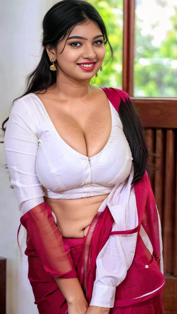 Indian woman masterpiece, best quality, ultra-detailed, (warm hue, warm tone: 1.2), wearing big hook blouse, 20 years old, (((big tits1.8))),((Huge breasts 1.6)),(((Plump body 1.8))), (Indian instagram photo, Wearing hook blouse closeup face photo of 23 y.o Chloe in kebaya, Red Lipstick, sensual Lipstick, Sensational Make Up, huge cleavage, huge breasts pale skin, (smile:0.4), hard shadows, White G-STRING, bright lighting