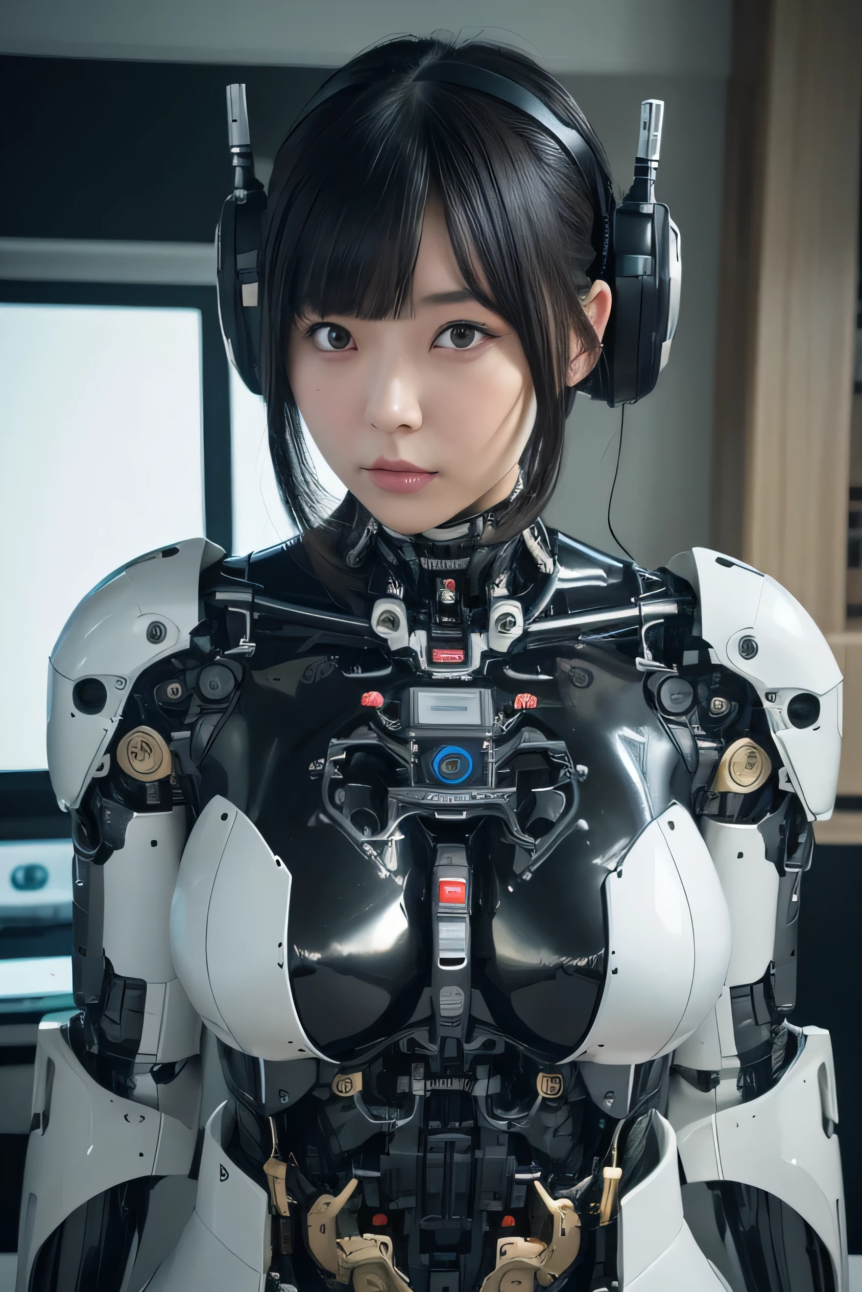 masterpiece, best quality, extremely detailed, (photorealistic:1.4), (RAW photo) (RAW photo) (8K, 4K, Best Quality, hight resolution, 超A high resolution:1.1), (masutepiece, Realistic, Photorealsitic:1.1), 1girl in, Japaese Cyborg girl,Plump , control panels,android,Droid,Mechanical Hand, Robot arms and legs, Black Robot Parts,Black hair,Mechanical body,Blunt bangs,White robotics parts,perfect robot girl,future information counter,reception,long tube,thick cable connected her neck,ceramic body ,mechanical body, ear antenna,mechanical ear cover, loose boots,mechanical costume,android,robot,humanoid,cyborg,information office,japanese android receptionist ,mechanical chest,full eyes,dark black tights