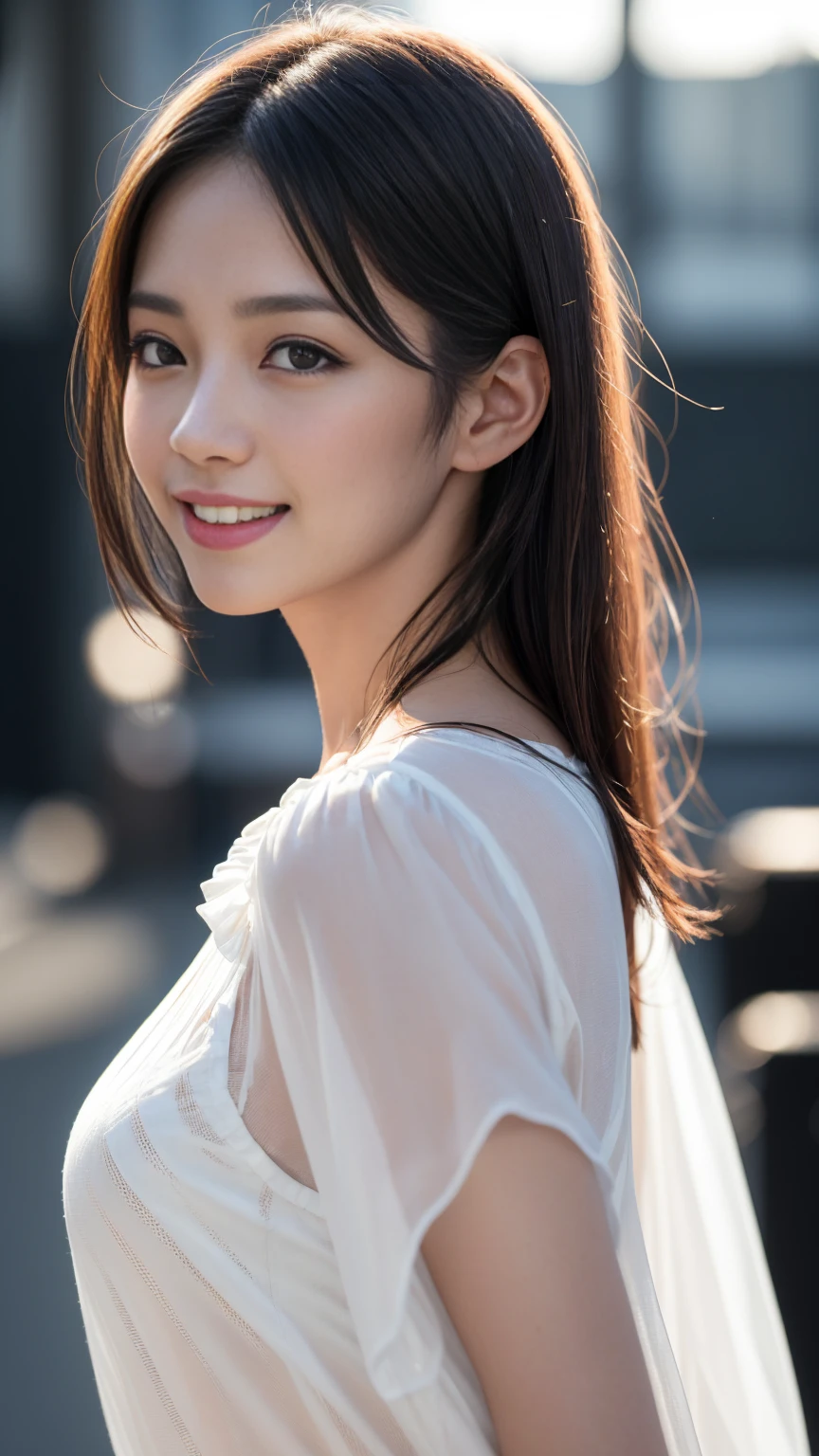 White see-through blouse,Face Interview, (photo Real:1.4), (hyper Realistic:1.4), (Realistic:1.3), (Smooth lighting:1.05), (Improve the quality of your video lighting:0.9), 1 Female, 20-year-old woman, Realistic lighting, Backlight, Facial Light, Ray-tracing, (Cheerfulness:1.2), (Improved image quality:1.4), (Top quality real texture skins), Finely grained, Small Face, Red cheeks, Skinny body, Mesonothorax pointed chin,,,,,,, Japan's Idol System, Nogizaka Idol, Glowing Skin, Gravure idol pose, p, Blunt bangs, Black Hair, Hair behind the ear, Hair that falls over the shoulders, Long Hair,Tear bags,Summer Plateau、No makeup、