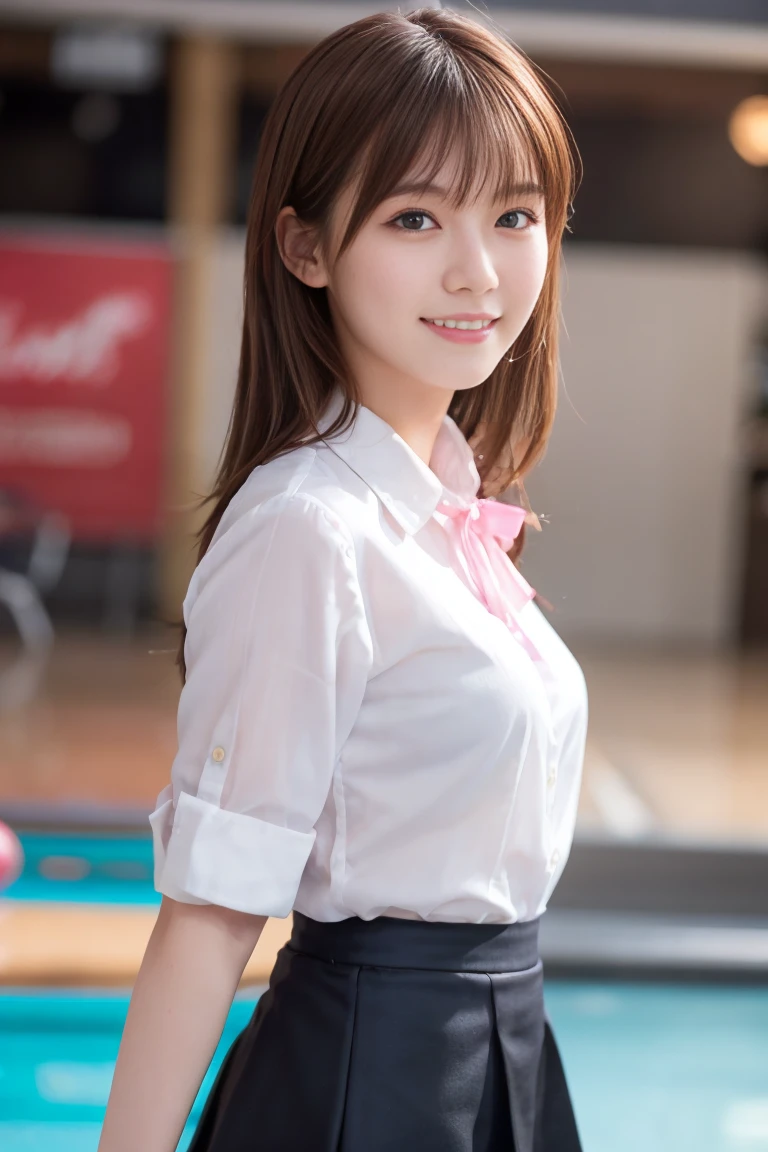1 girl,{{Tie your hair}}I have a black bowling ball、bowling alley、((Snapshot before lane))、 {{Very clear and delicate blue eyes}}、(Wearing a pink and white bowling shirt and a black skirt :1.2), (RAW Photos, highest qualそれy), (Realistic, Realistic:1.4), Tabletop, Very delicate and beautiful, Very detailed, wonderful, finely, Very detailed CG Unそれy 8K 壁紙, Very detailed, High resolution, Soft Light, Beautiful detailed girl, Very detailed目と顔, Beautiful and sophisticated nose, finelyて美しい目, Cinema Lighting, Perfect Anatomy, Slender body, Was nervous, 
Straight semi-long hair, bangs, Looking at the audience, smile