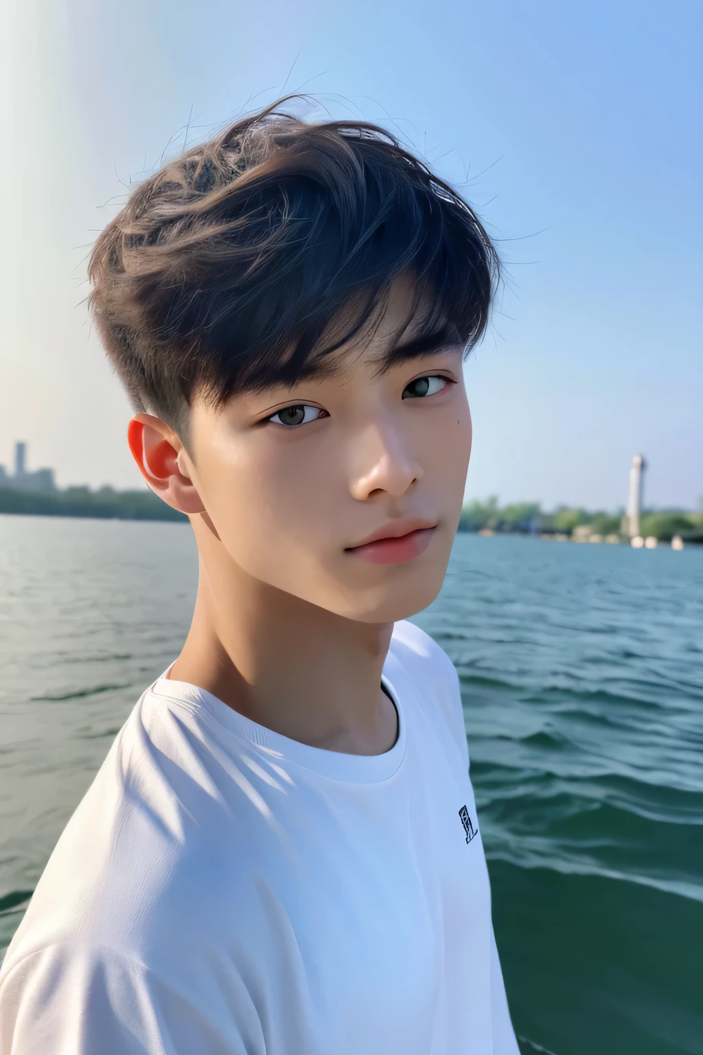 Highest quality, masterpiece, Ultra-high resolution, (Realistic: 1.4), Original photo, wallpaper, Head Photo, skin, Simple Background, Iris, detailed, Selfie, 1 boy, 18-year-old, good looking, Wind、lake