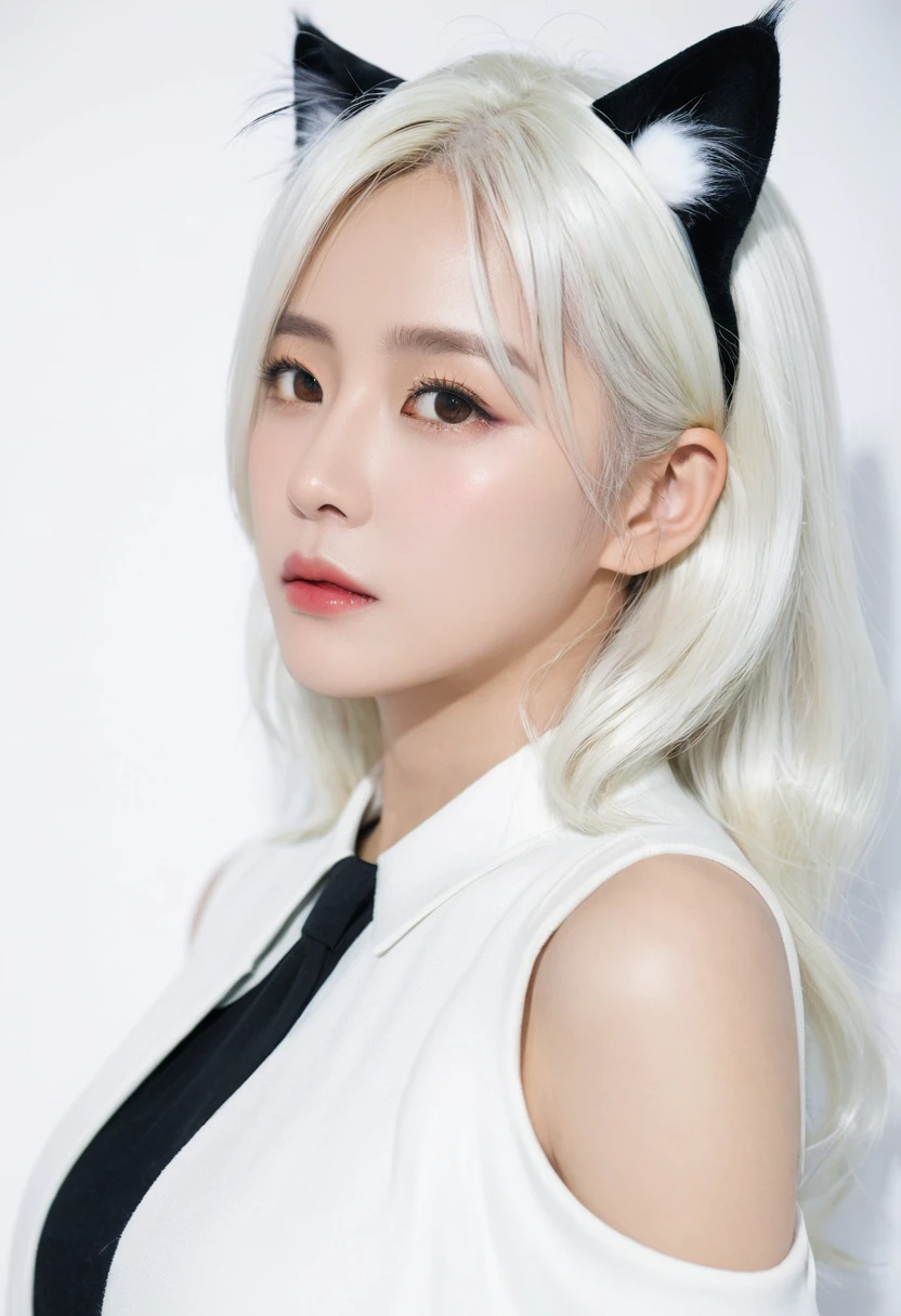 1 Girl, This will be, Looking at the audience, White hair, there is nothing, Cat ears, Cat's Tail, White shirt, Open clothes, City, Babaizi