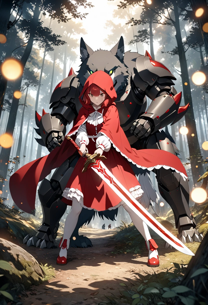 fantasy cg art,1girl with red twintail hair,(cute red and white robot armor),long red hood,(red and white decorated sword held in both hands:1.2),large black robot wolf about to pounce,tense battle in mysterious forest,view from behind little red riding hood,best quality,4k,8k,highres,masterpiece:1.2,ultra-detailed,HDR,UHD,studio lighting,ultra-fine painting,sharp focus,physically-based rendering,extreme detail description,professional,vivid colors,bokeh