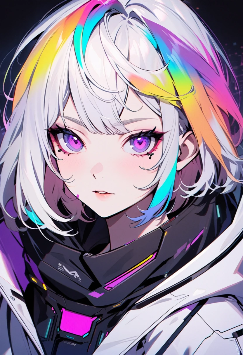 Handsome, solo, 1 female, medium hair, white hair, rainbow hair, purple eyes, black and white hood, futuristic, cyberpunk, cybernetic
