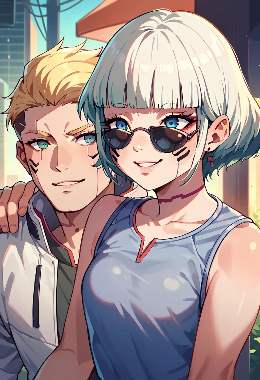 Boy with white hair and blue eyes, wearing dark sunglasses, next to a girl with blonde hair and green eyes, hugged, happy couple, with cyberpunk style park background