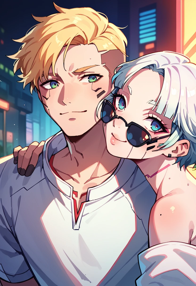 Boy with white hair and blue eyes, wearing dark sunglasses, next to a girl with blonde hair and green eyes, hugged, happy couple, with cyberpunk style park background