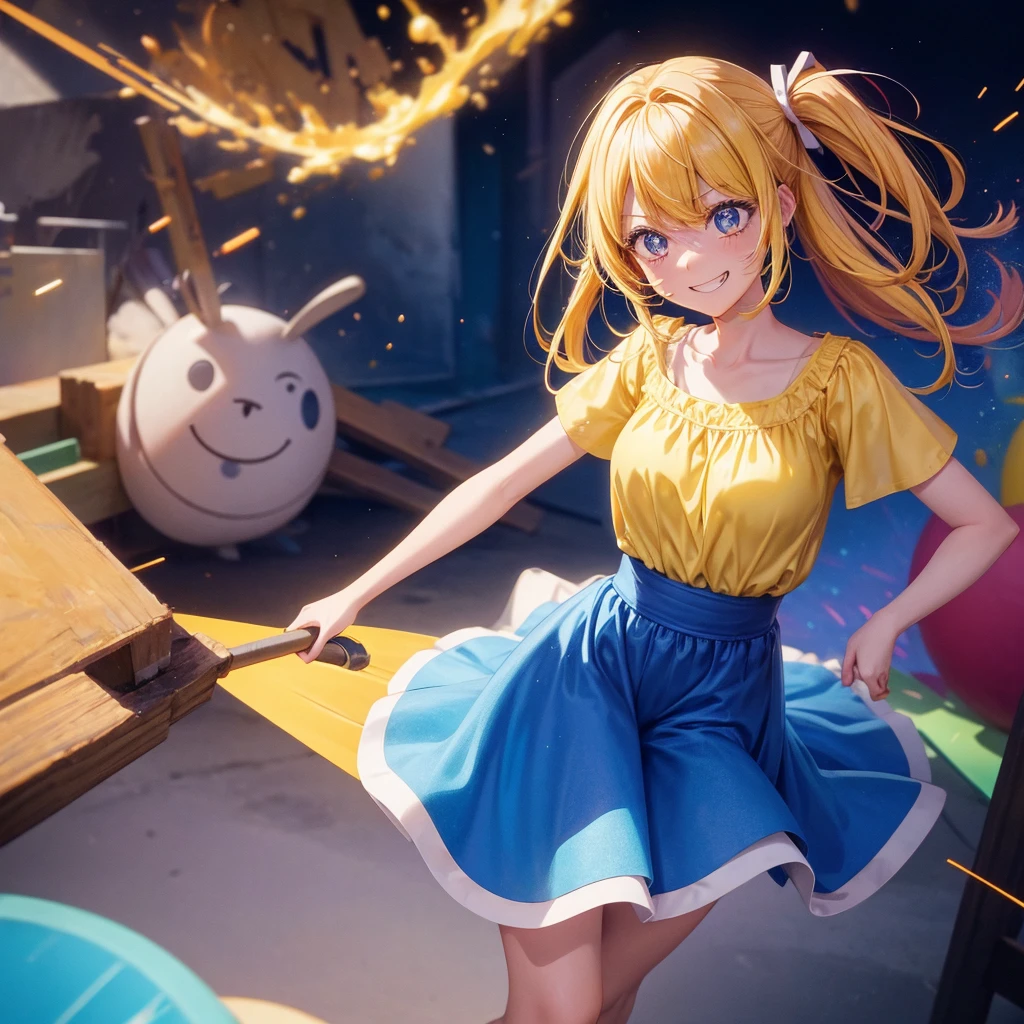 Create an anime-style image of a clumsy and naturally awkward girl with bright yellow hair. She should be wearing a cute, casual yellow outfit, such as a dress or a top with a skirt. Depict her in a moment where she is tripping or stumbling, showing a panicked and embarrassed expression, but also shyly smiling with her teeth showing in an awkward, bashful grin. Her hair is styled in a playful, slightly messy fashion. The background should be lively and fun, with bright colors and dynamic elements that emphasize her clumsiness. Add small, amusing details around her, like scattered items she has knocked over, to enhance the playful and whimsical atmosphere. Ensure that she is the only character in the image, making her the clear focus of the scene. Make sure the overall image is vibrant and engaging, suitable for use as a thumbnail.