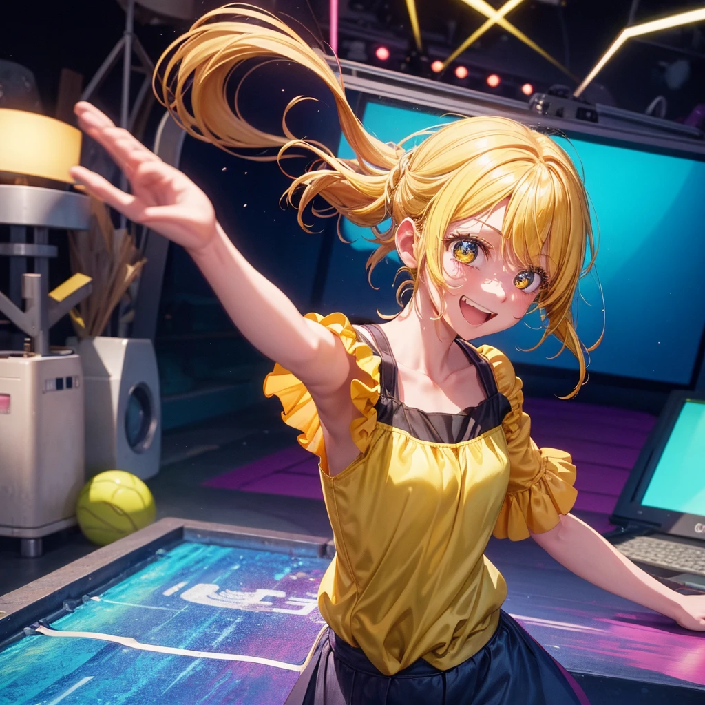 Create an anime-style image of a clumsy and naturally awkward girl with bright yellow hair. She should be wearing a cute, casual yellow outfit, such as a dress or a top with a skirt. Depict her in a moment where she is tripping or stumbling, showing a panicked and embarrassed expression, but also shyly smiling with her teeth showing in an awkward, bashful grin. Her hair is styled in a playful, slightly messy fashion. The background should be lively and fun, with bright colors and dynamic elements that emphasize her clumsiness. Add small, amusing details around her, like scattered items she has knocked over, to enhance the playful and whimsical atmosphere. Ensure that she is the only character in the image, making her the clear focus of the scene. Make sure the overall image is vibrant and engaging, suitable for use as a thumbnail.