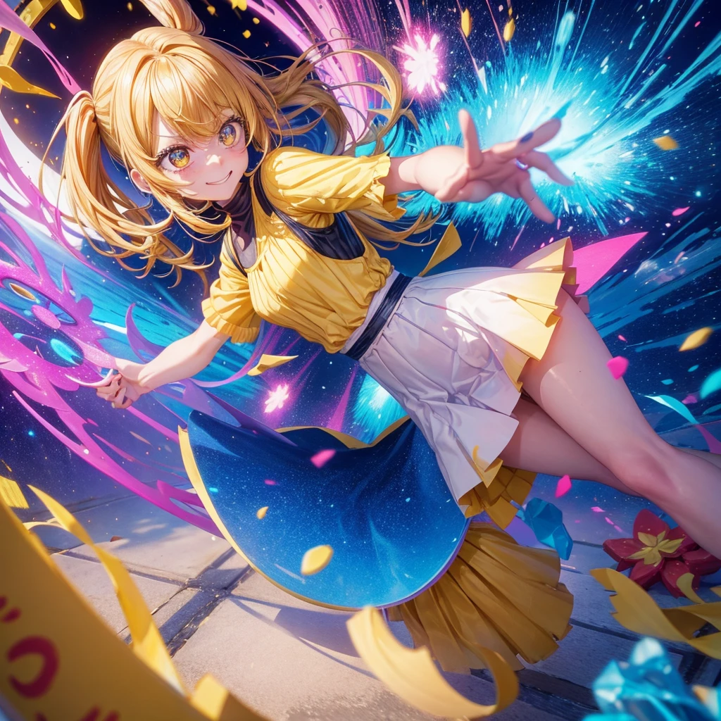 Create an anime-style image of a clumsy and naturally awkward girl with bright yellow hair. She should be wearing a cute, casual yellow outfit, such as a dress or a top with a skirt. Depict her in a moment where she is tripping or stumbling, showing a panicked and embarrassed expression, but also shyly smiling with her teeth showing in an awkward, bashful grin. Her hair is styled in a playful, slightly messy fashion. The background should be lively and fun, with bright colors and dynamic elements that emphasize her clumsiness. Add small, amusing details around her, like scattered items she has knocked over, to enhance the playful and whimsical atmosphere. Ensure that she is the only character in the image, making her the clear focus of the scene. Make sure the overall image is vibrant and engaging, suitable for use as a thumbnail.