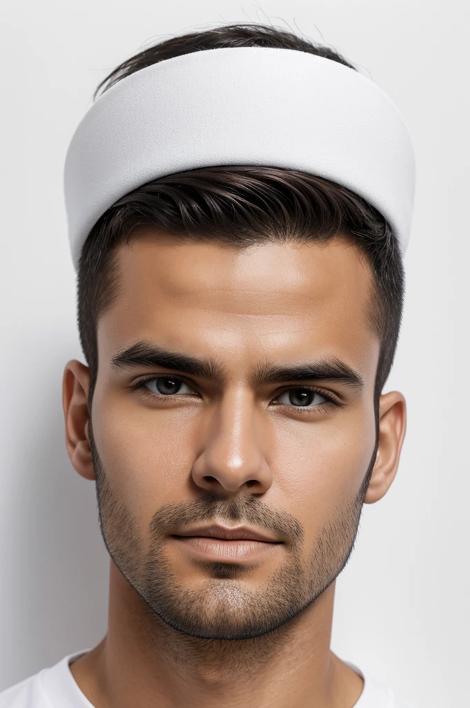 Create an ultra realistic passport photo of a man on a white background who is around 20