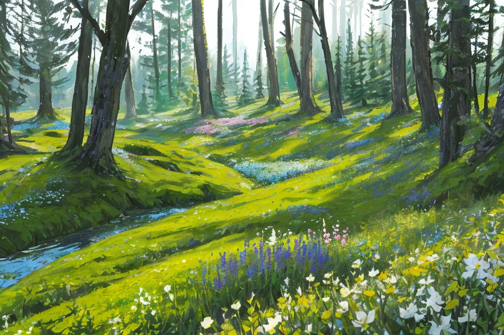 landscape, forests, some flowers alongside