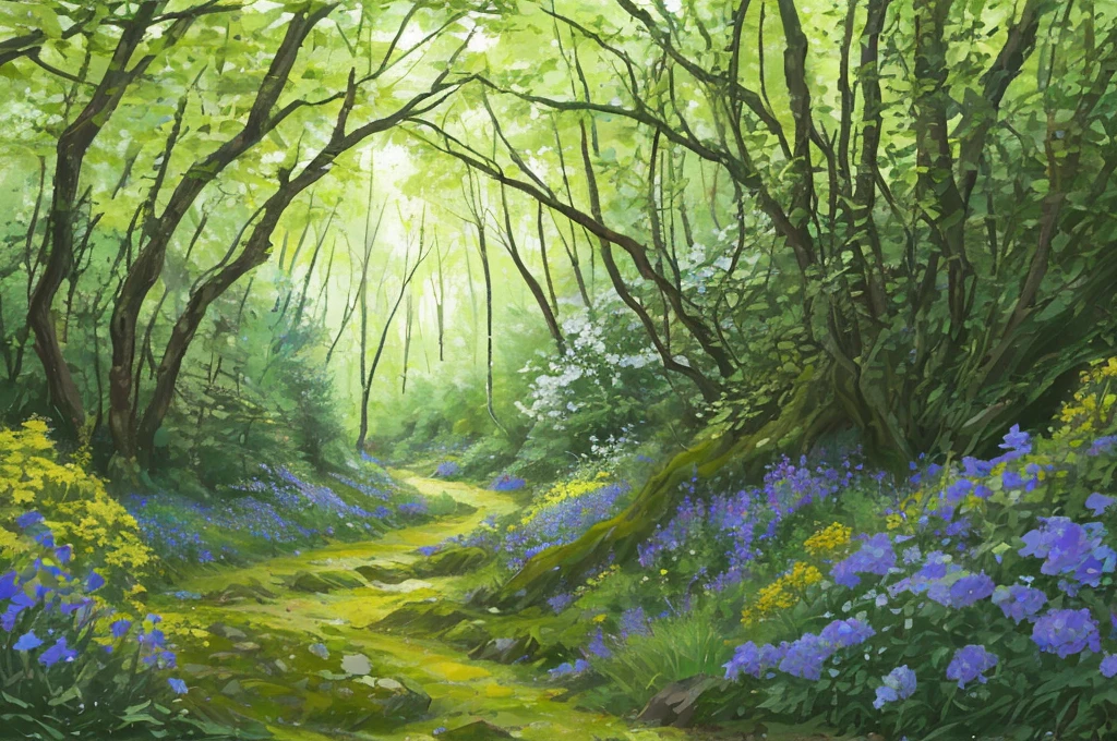 landscape, forests, some flowers alongside 