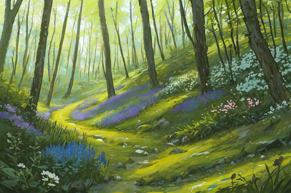 landscape, forests, some flowers alongside
