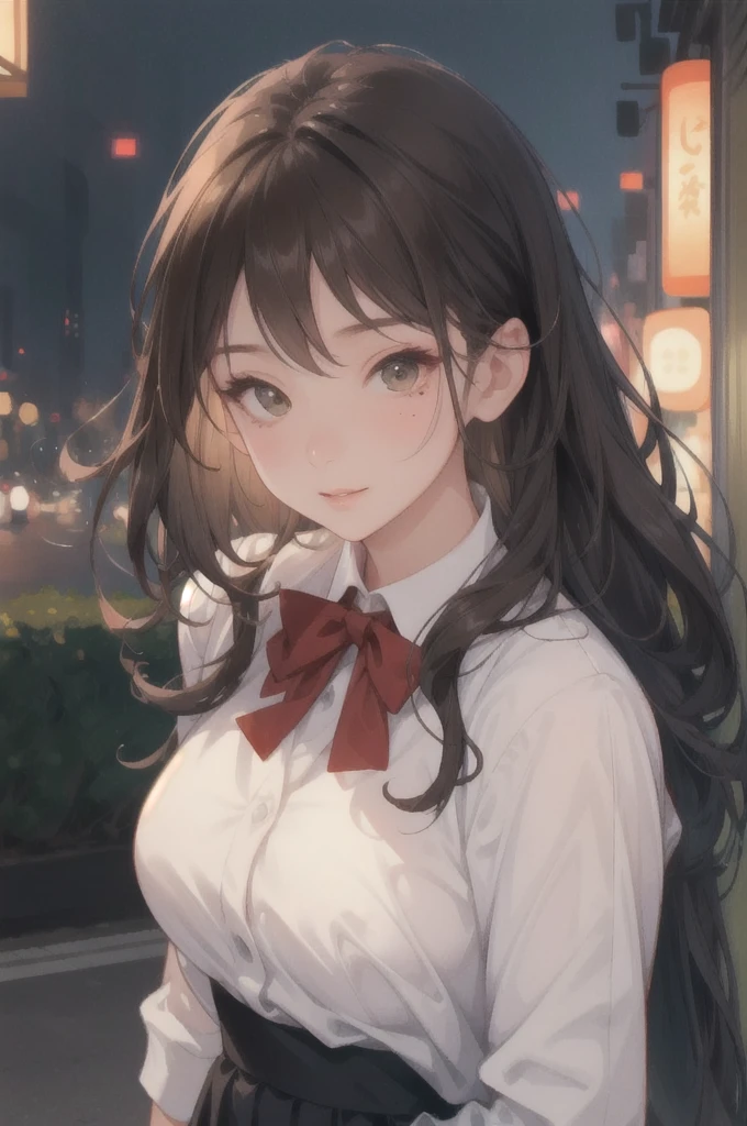 (Skin blemishes:1.2)、woman1人、28 years old、(((woman)))、(Skin dents)、gorgeous、solo、Real、Highest quality、Photorealistic、masterpiece、8k、High resolution、solo、Highly detailed face、Cowboy Shot、Bust Shot、Passport Photo、Full Face、(Professional Lighting、Bokeh)、(Particles of light、Lens flare、Glowing particles:0.6)、(Dynamic Pose:1.2)、Soft Lighting、Top Angle View、Fashionable and trendy atmosphere、Japan、Tokyo、((at night))、((Looking at the audience))、(Looking at the camera)、(Portrait:0.6)、Are standing、Upper Body、Face close-up、(Medium Bust:1)、(Long Hair)、Brown Hair、Floating Hair、nose、lips、lipstick、A seductive smile、Floating Hair、mole、(cheekbone:1)、(目の下のmole:1.2)、sweater、Jacket、skirt、