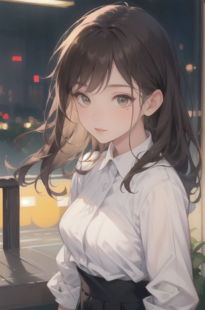 (Skin blemishes:1.2)、woman1人、28 years old、(((woman)))、(Skin dents)、gorgeous、solo、Real、Highest quality、Photorealistic、masterpiece、8k、High resolution、solo、Highly detailed face、Cowboy Shot、Bust Shot、Passport Photo、Full Face、(Professional Lighting、Bokeh)、(Particles of light、Lens flare、Glowing particles:0.6)、(Dynamic Pose:1.2)、Soft Lighting、Top Angle View、Fashionable and trendy atmosphere、Japan、Tokyo、((at night))、((Looking at the audience))、(Looking at the camera)、(Portrait:0.6)、Are standing、Upper Body、Face close-up、(Medium Bust:1)、(Long Hair)、Brown Hair、Floating Hair、nose、lips、lipstick、A seductive smile、Floating Hair、mole、(cheekbone:1)、(目の下のmole:1.2)、sweater、Jacket、skirt、